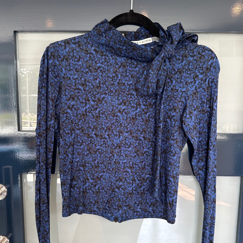 Alice + Olivia Long Sleeve Blue Tie Neck Blouse, Size Small